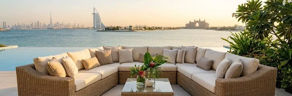 Custom outdoor wicker sectional sofa on Palm Jumeirah terrace with pool - weather-resistant luxury furniture