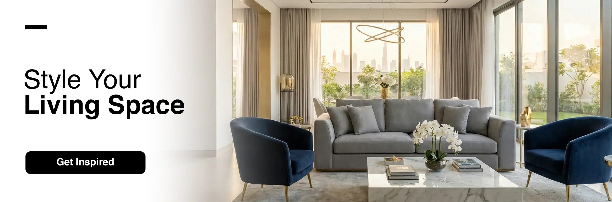 Pair of custom navy velvet accent chairs styled in luxury Dubai living room interior with modern Arabic design elements