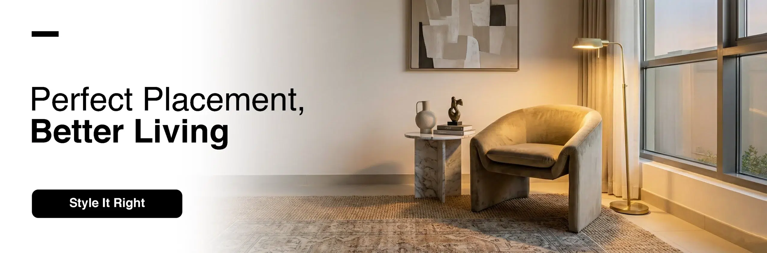 Professionally styled accent chair arrangement in Dubai home showing proper placement, lighting, and accessory coordination