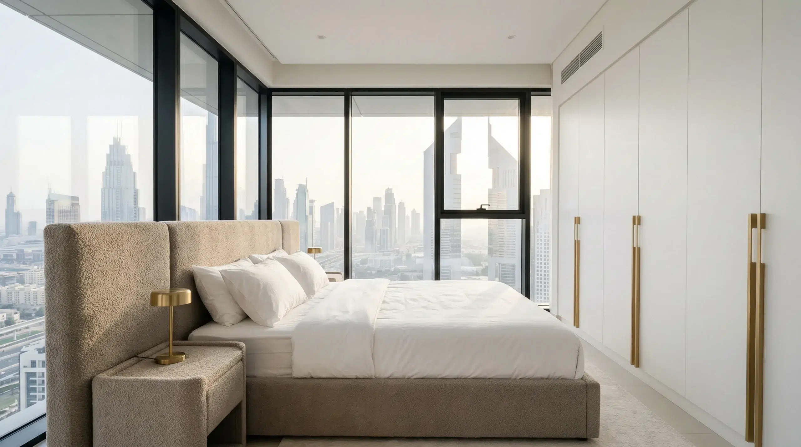 Custom bedroom furniture Dubai upholstered bed and wardrobe in a Dubai apartment