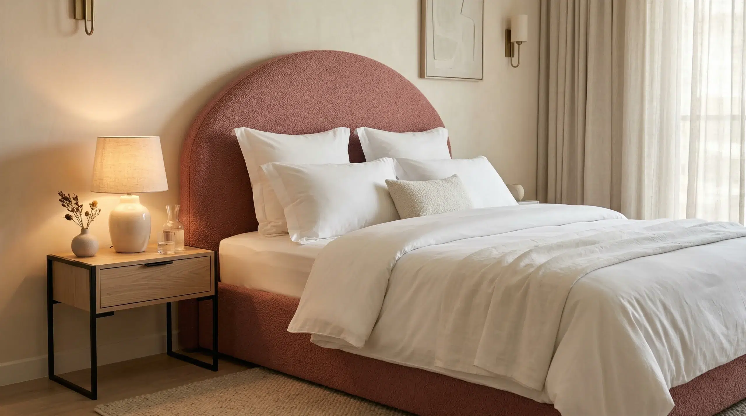 Custom upholstered bed Dubai boucle fabric arched headboard, made to order