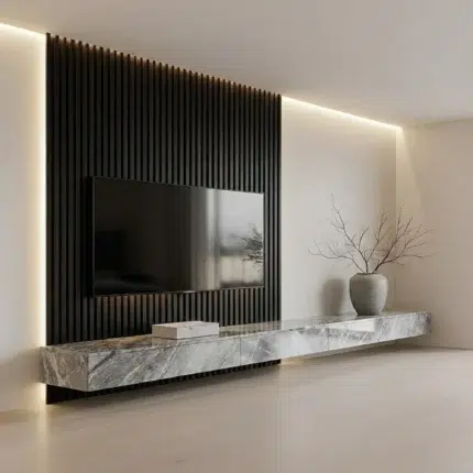 Veltrano Floating TV Unit With Black Slat Panel And Marble Cabinet Modern TV Wall Design In Dubai UAE | Kustom Deco