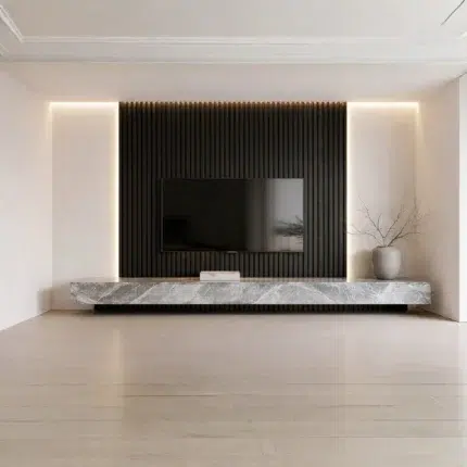 Veltrano Floating TV Unit With Black Slat Panel And Marble Cabinet Modern TV Wall Design In Dubai UAE | Kustom Deco