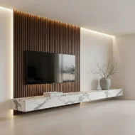Veltrano Floating TV Unit With Wood Slat Panel And Marble Cabinet Wall Design For Modern Living Room In Dubai UAE | Karnak Home