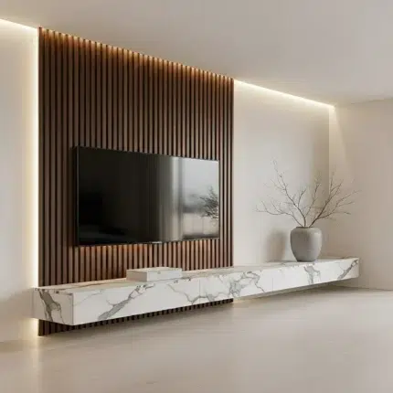 Veltrano Floating TV Unit With Wood Slat Panel And Marble Cabinet Wall Design For Modern Living Room In Dubai UAE | Karnak Home