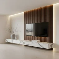 Veltrano Floating TV Unit With Wood Slat Panel And Marble Cabinet Wall Design For Modern Living Room In Dubai UAE | Karnak Home