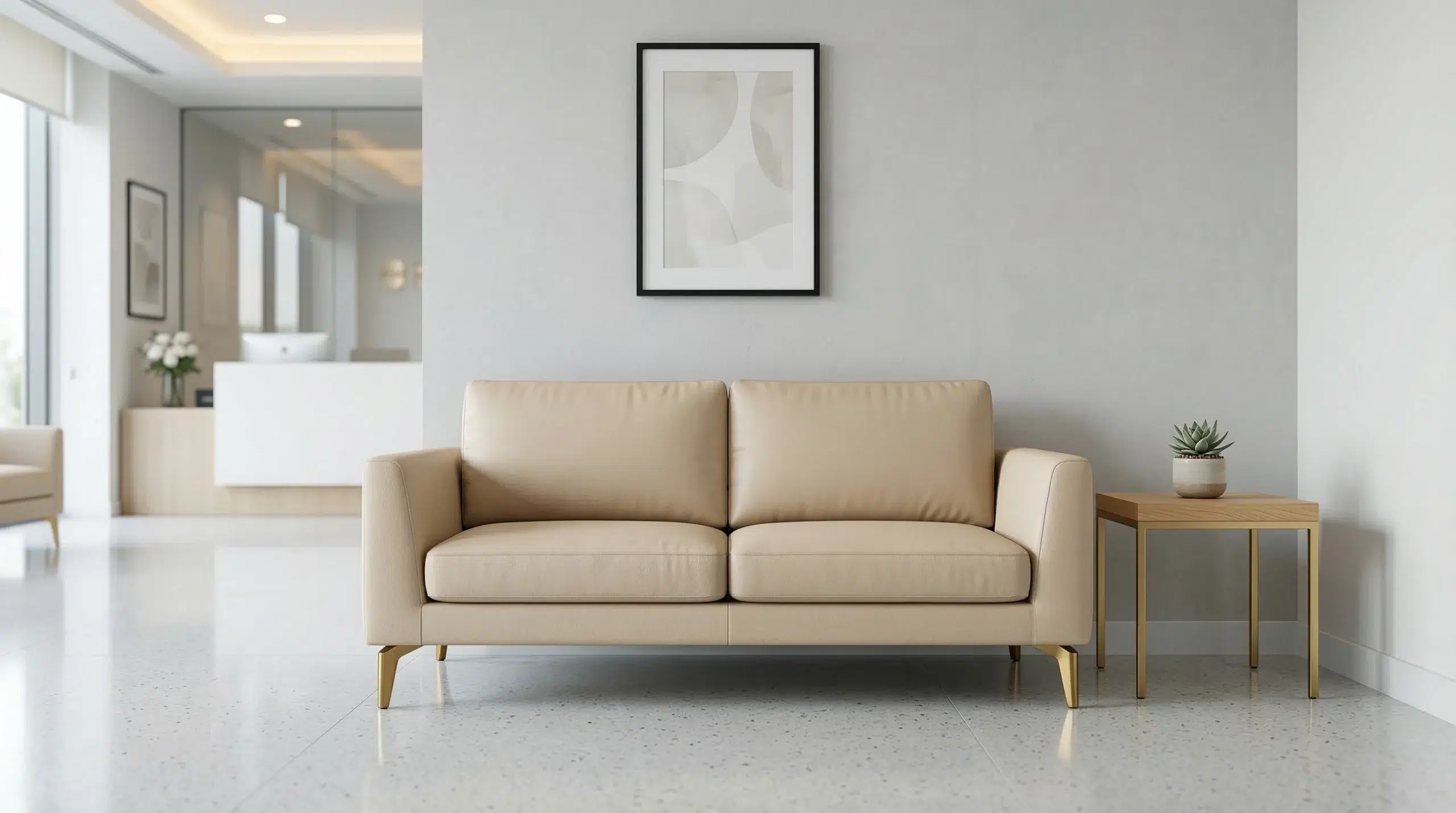 Custom 2-seater office sofa Dubai  beige PU leatherette with brushed gold legs in clinic reception