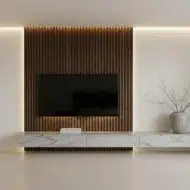 Veltrano Floating TV Unit With Wood Slat Panel And Marble Cabinet Wall Design For Modern Living Room In Dubai UAE | Karnak Home