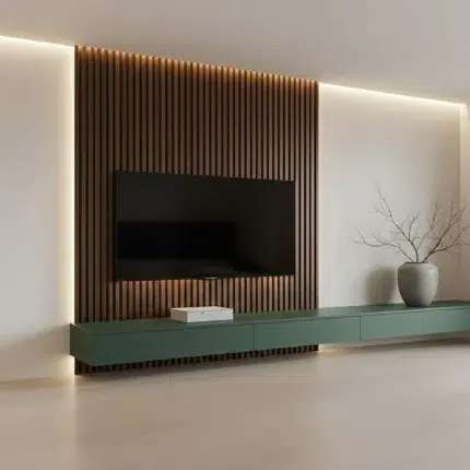 Veltrano Floating TV Unit With Wooden Slat Wall Panel And Green Cabinet Modern TV Wall Design For Living Room In Dubai UAE | Kustom Deco