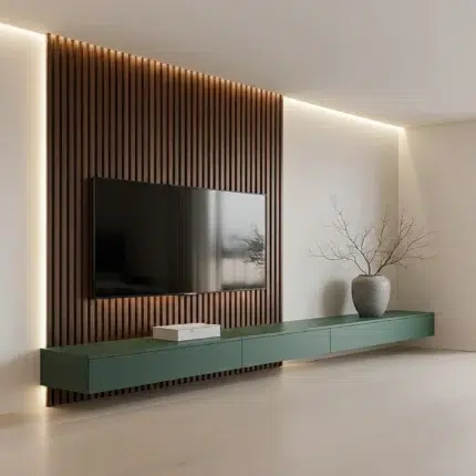 Veltrano Floating TV Unit With Wooden Slat Wall Panel And Green Cabinet Modern TV Wall Design For Living Room In Dubai UAE | Kustom Deco