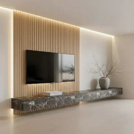 Veltrano Floating TV Unit With Light Wooden Slat Wall Panel And Dark Marble Cabinet Modern TV Wall Design For Living Room In Dubai UAE | Kustom Deco
