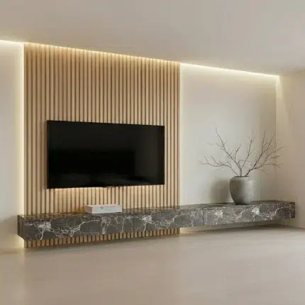 Veltrano Floating TV Unit With Light Wooden Slat Wall Panel And Dark Marble Cabinet Modern TV Wall Design For Living Room In Dubai UAE | Kustom Deco