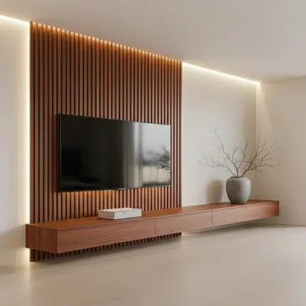 modern floating TV unit with wood slat wall panel and storage cabinet UAE