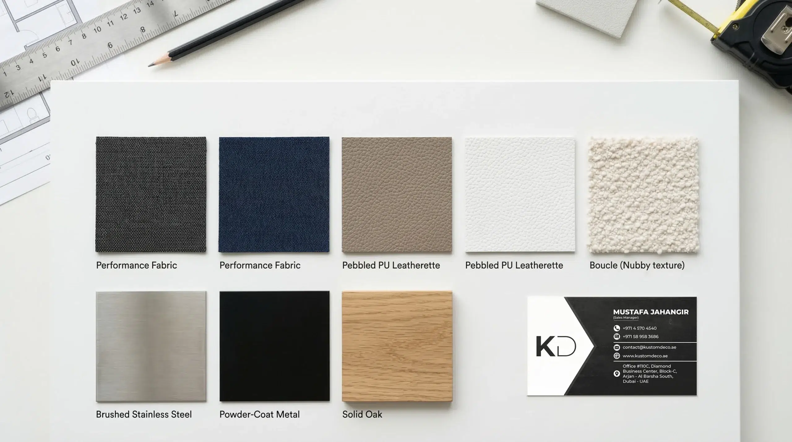 Office sofa customization options Dubai  commercial fabric, PU leather and leg finish swatches at Kustom Deco