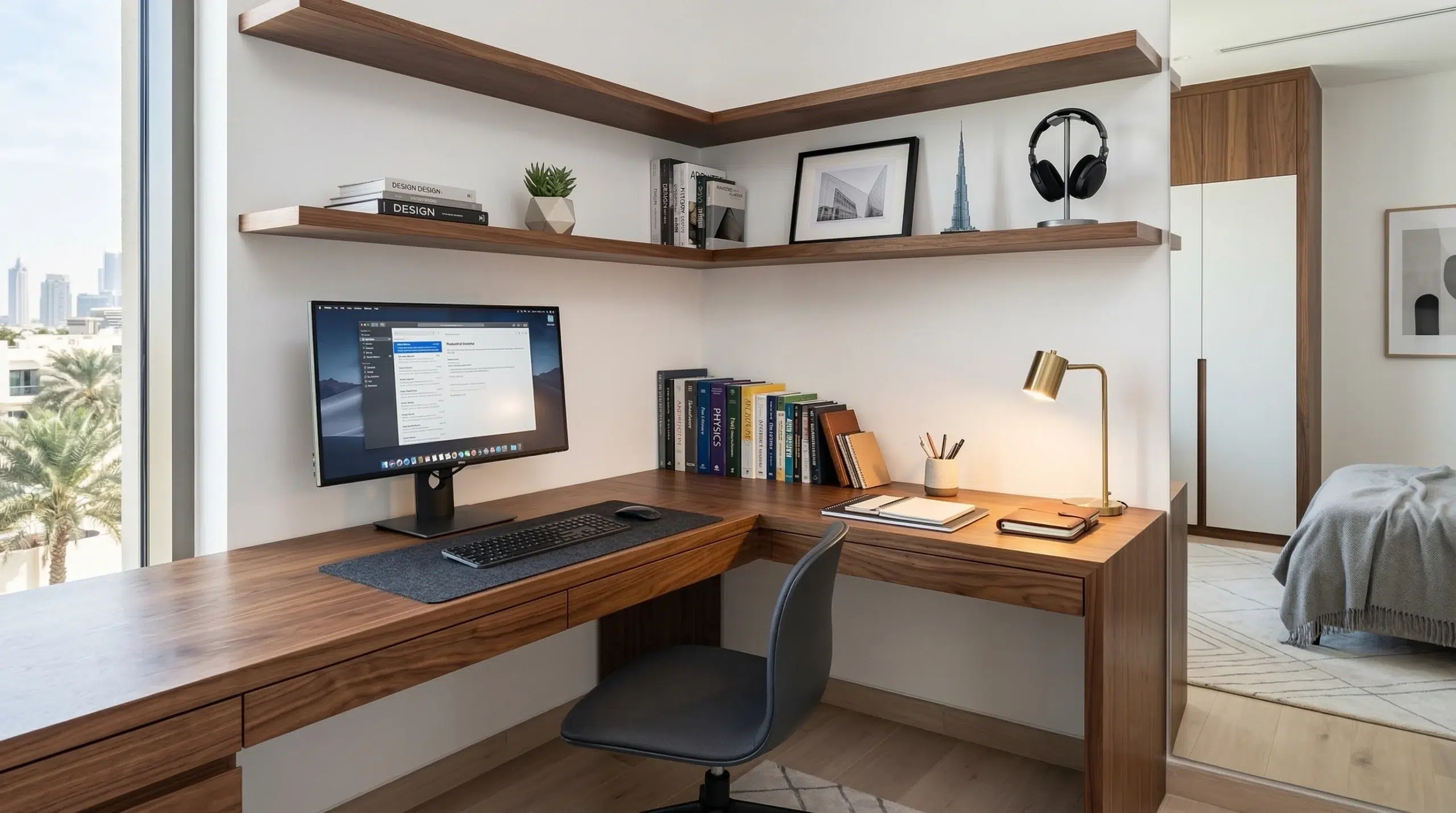 L-shaped corner study desk Dubai — walnut finish custom built for UAE bedroom