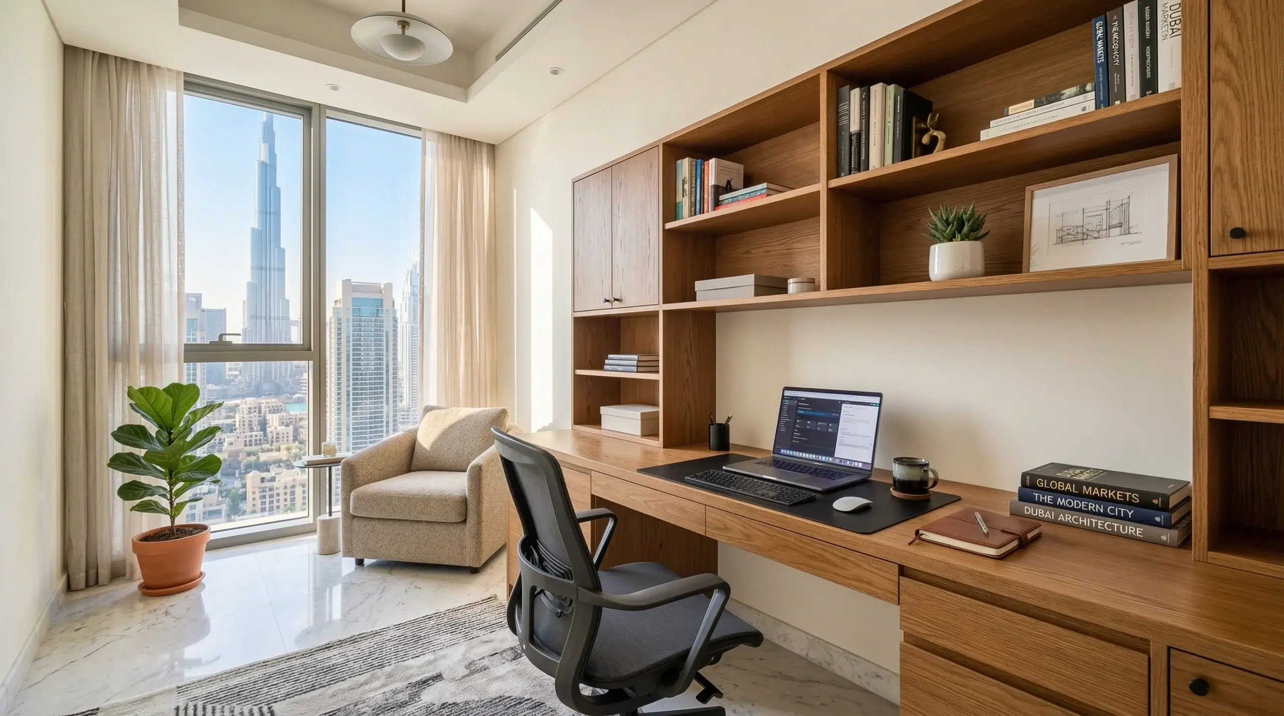 Custom study desks Dubai — Kustom Deco oak study desk with shelving in UAE family home