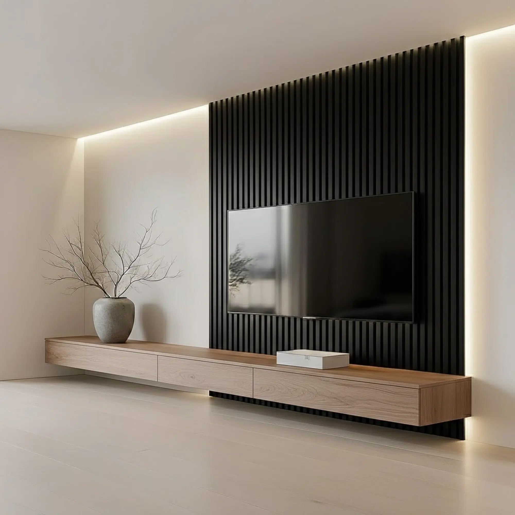 Veltrano Floating TV Unit With Black Wooden Slat Wall Panel And Natural Wood Cabinet Modern TV Wall Design In Dubai UAE | Kustom Deco