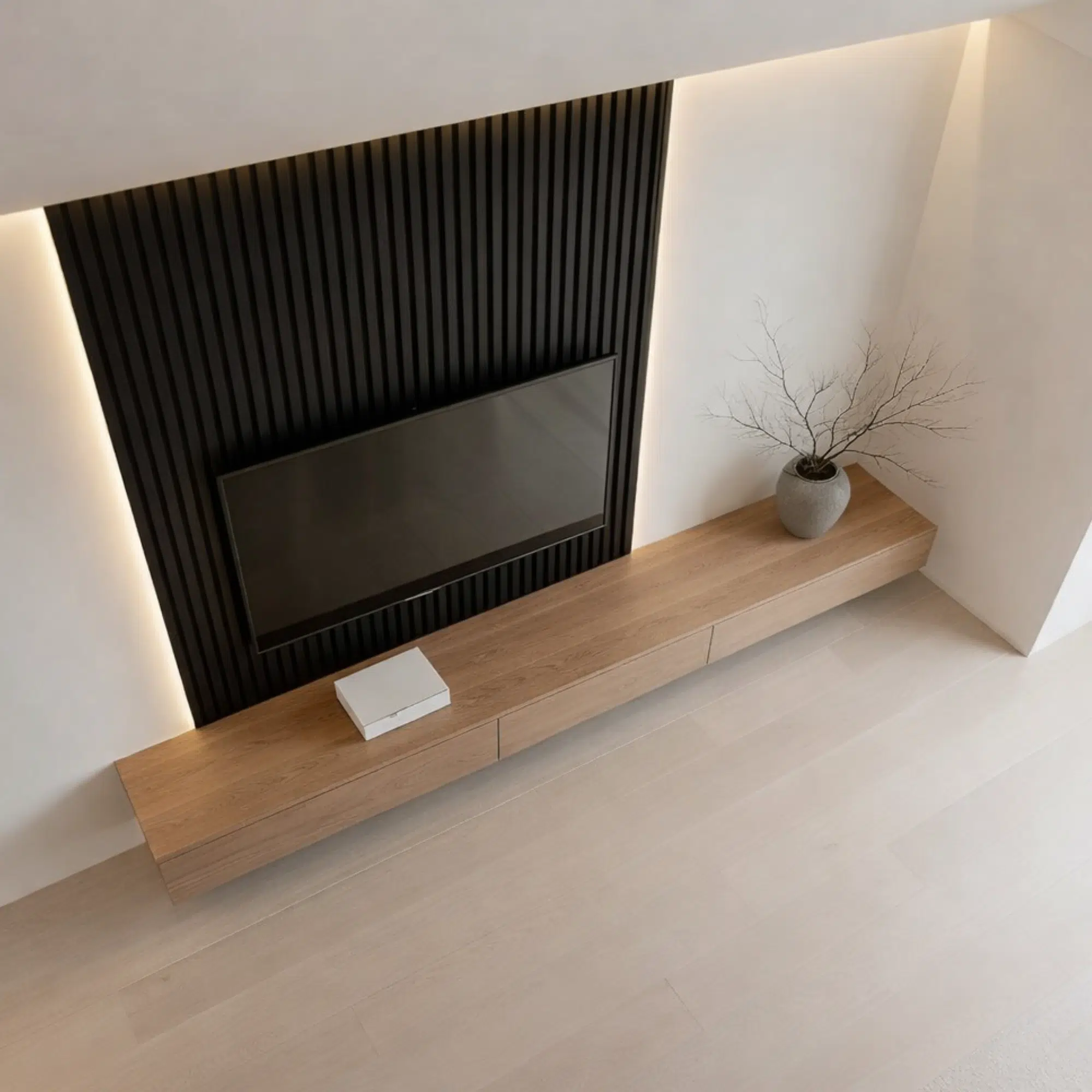 Veltrano Floating TV Unit With Black Wooden Slat Wall Panel And Natural Wood Cabinet Modern TV Wall Design In Dubai UAE | Kustom Deco