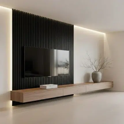 Veltrano Floating TV Unit With Black Wooden Slat Wall Panel And Natural Wood Cabinet Modern TV Wall Design In Dubai UAE | Kustom Deco