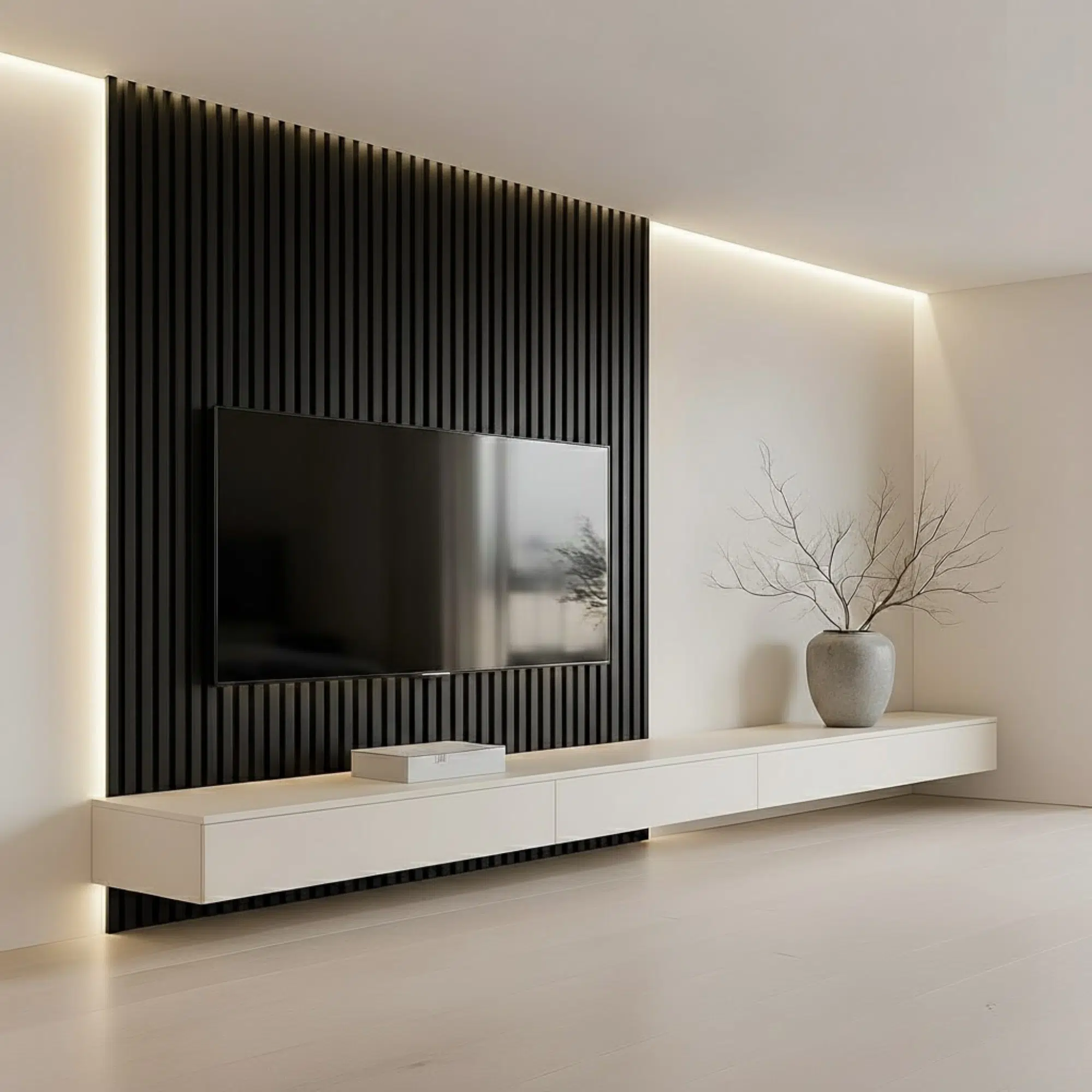 Veltrano Floating TV Unit With Black Wooden Slat Wall Panel And White Cabinet Modern TV Wall Design For Living Room In Dubai UAE | Kustom Deco