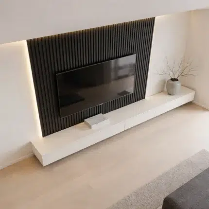 Veltrano Floating TV Unit With Black Wooden Slat Wall Panel And White Cabinet Modern TV Wall Design For Living Room In Dubai UAE | Kustom Deco