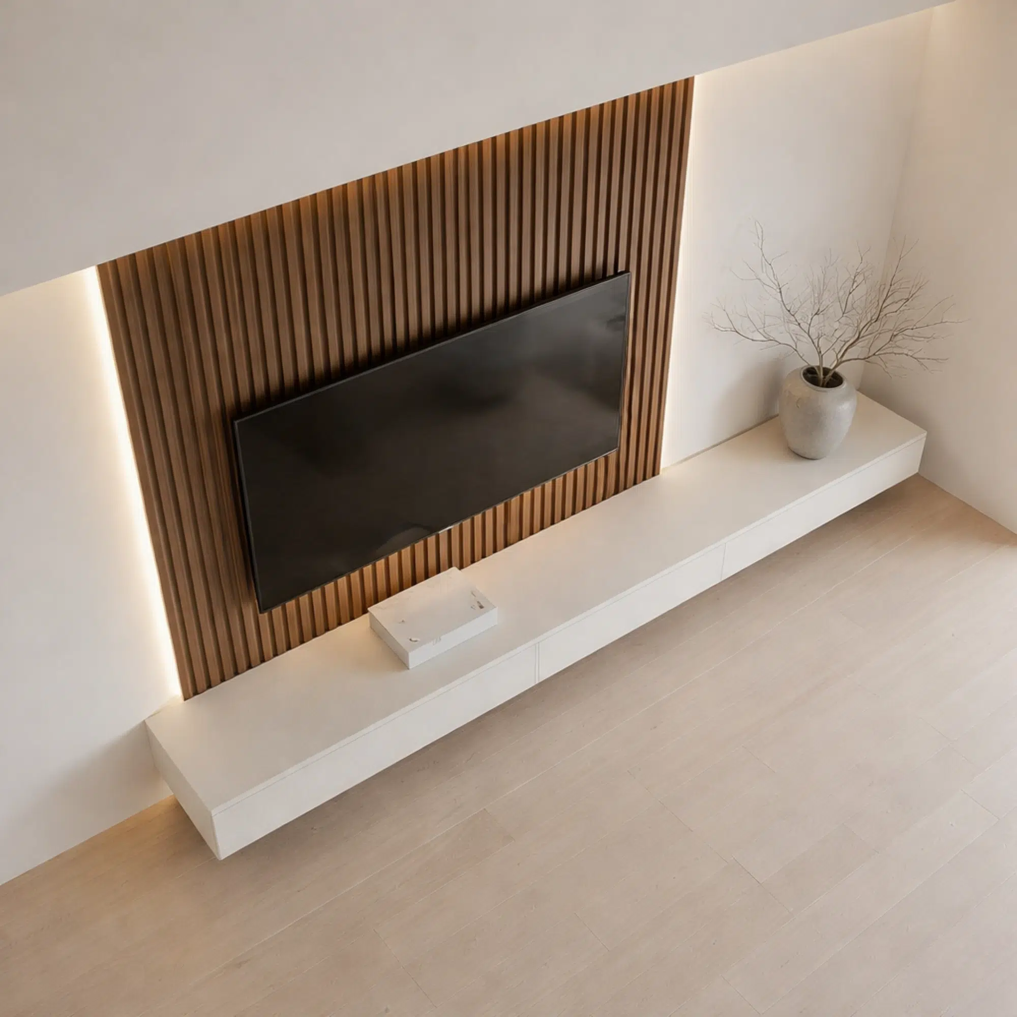 Veltrano Floating TV Unit With Wooden Slat Wall Panel And White Cabinet Modern TV Wall Design For Living Room In Dubai UAE | Kustom Deco
