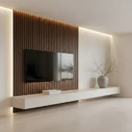 Veltrano Floating TV Unit With Wooden Slat Wall Panel And White Cabinet Modern TV Wall Design For Living Room In Dubai UAE | Kustom Deco