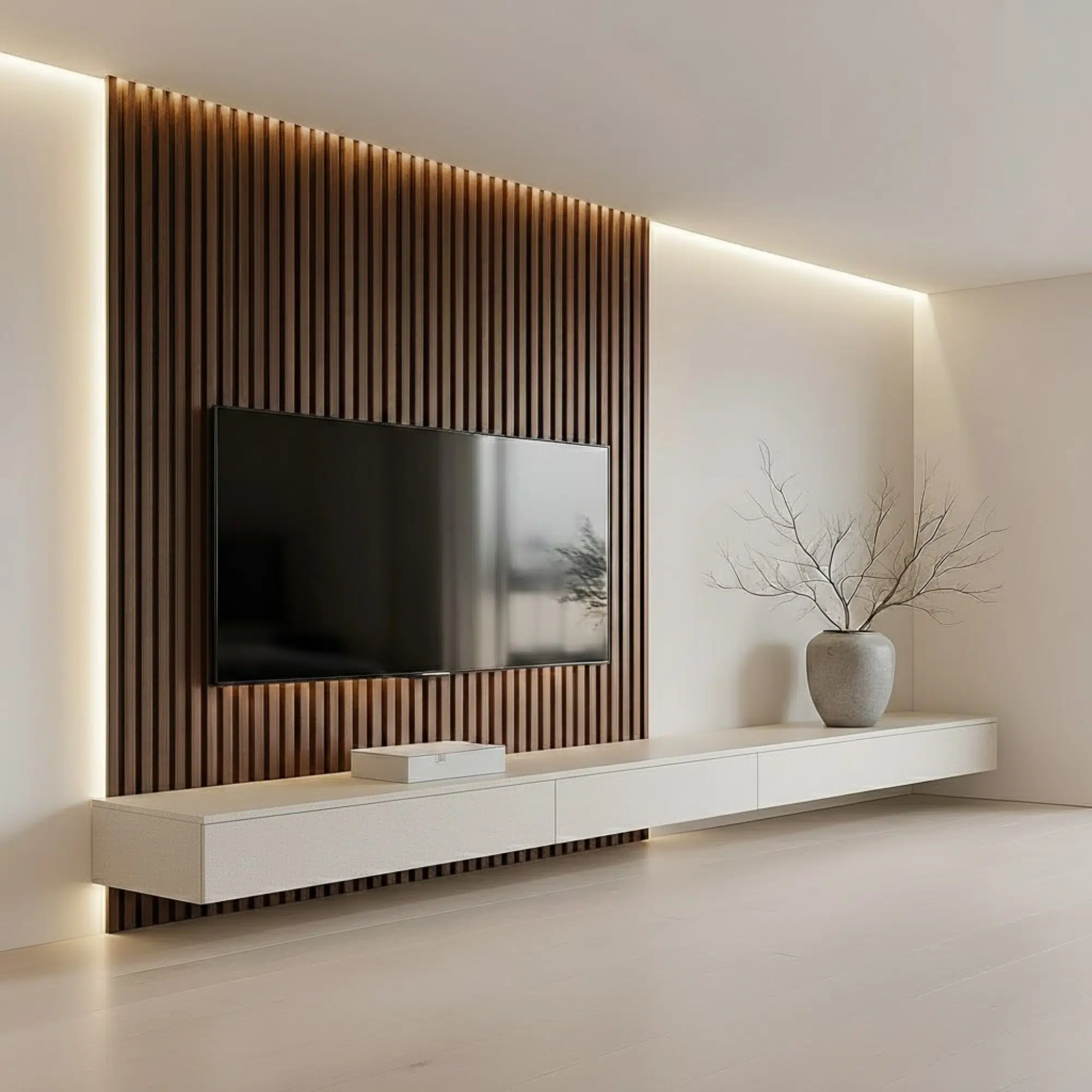 Veltrano Floating TV Unit With Wooden Slat Wall Panel And White Cabinet Modern TV Wall Design For Living Room In Dubai UAE | Kustom Deco
