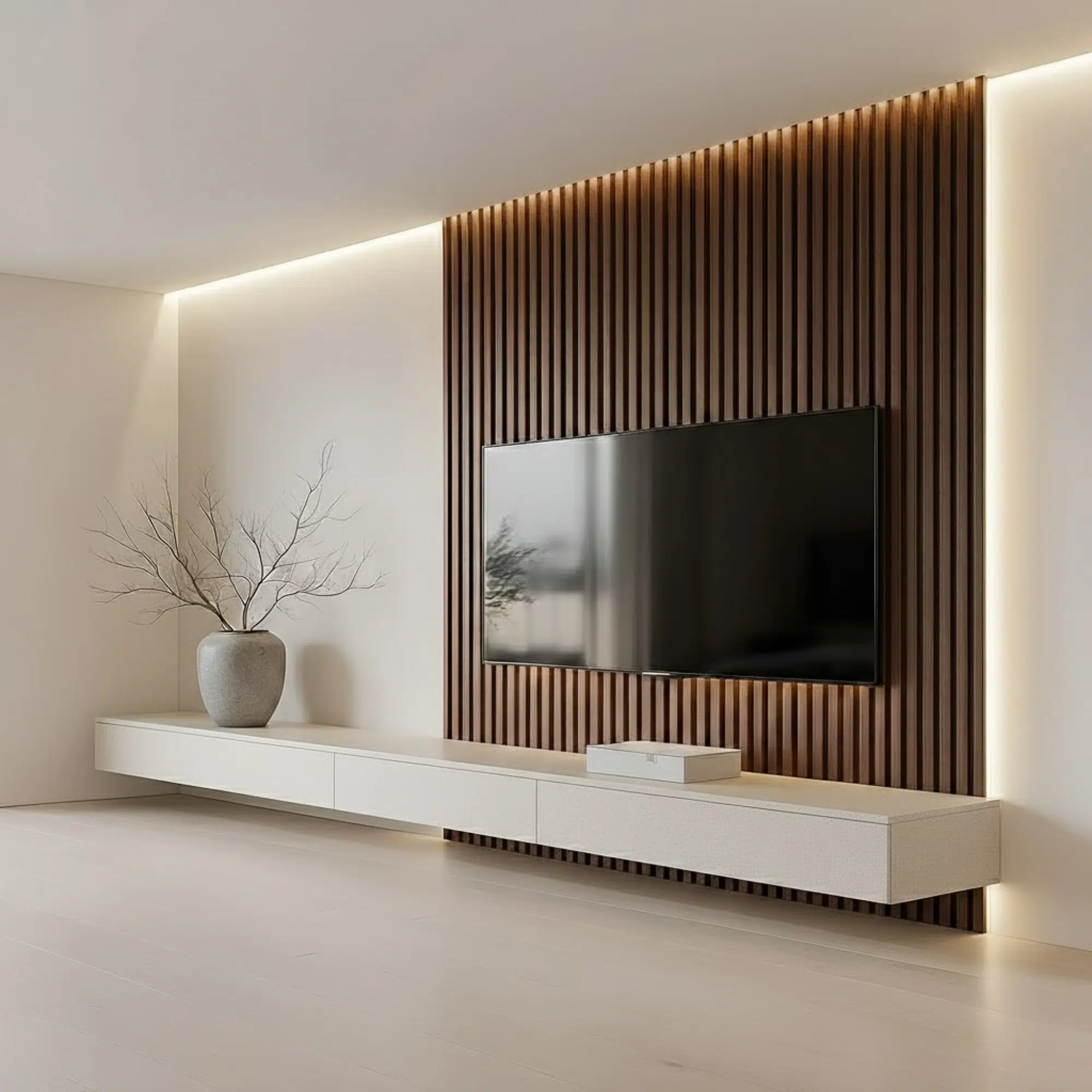 Veltrano Floating TV Unit With Wooden Slat Wall Panel And White Cabinet Modern TV Wall Design For Living Room In Dubai UAE | Kustom Deco