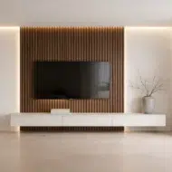 Veltrano Floating TV Unit With Wooden Slat Wall Panel And White Cabinet Modern TV Wall Design For Living Room In Dubai UAE | Kustom Deco