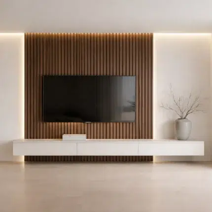Veltrano Floating TV Unit With Wooden Slat Wall Panel And White Cabinet Modern TV Wall Design For Living Room In Dubai UAE | Kustom Deco