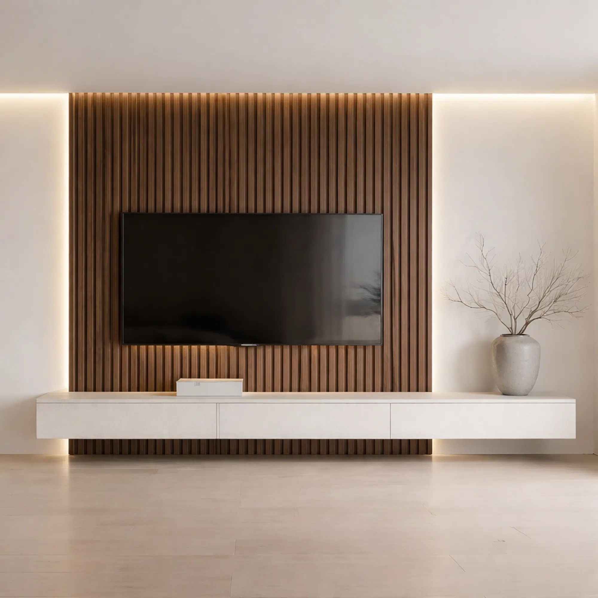 Veltrano Floating TV Unit With Wooden Slat Wall Panel And White Cabinet Modern TV Wall Design For Living Room In Dubai UAE | Kustom Deco