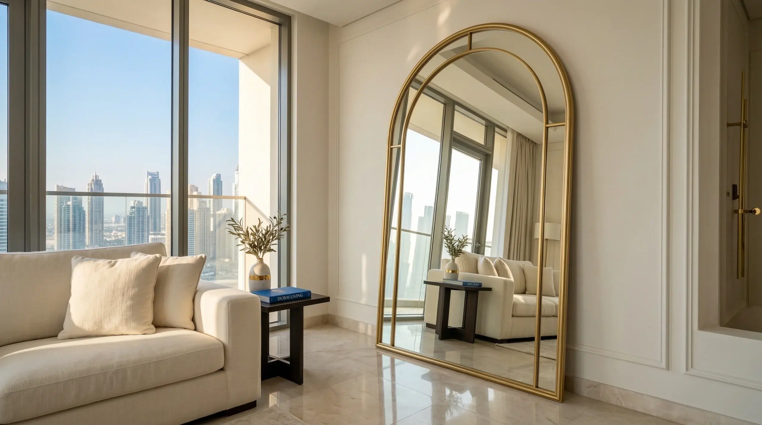 Custom arch mirror Dubai — brushed gold frame floor mirror Kustom Deco UAE