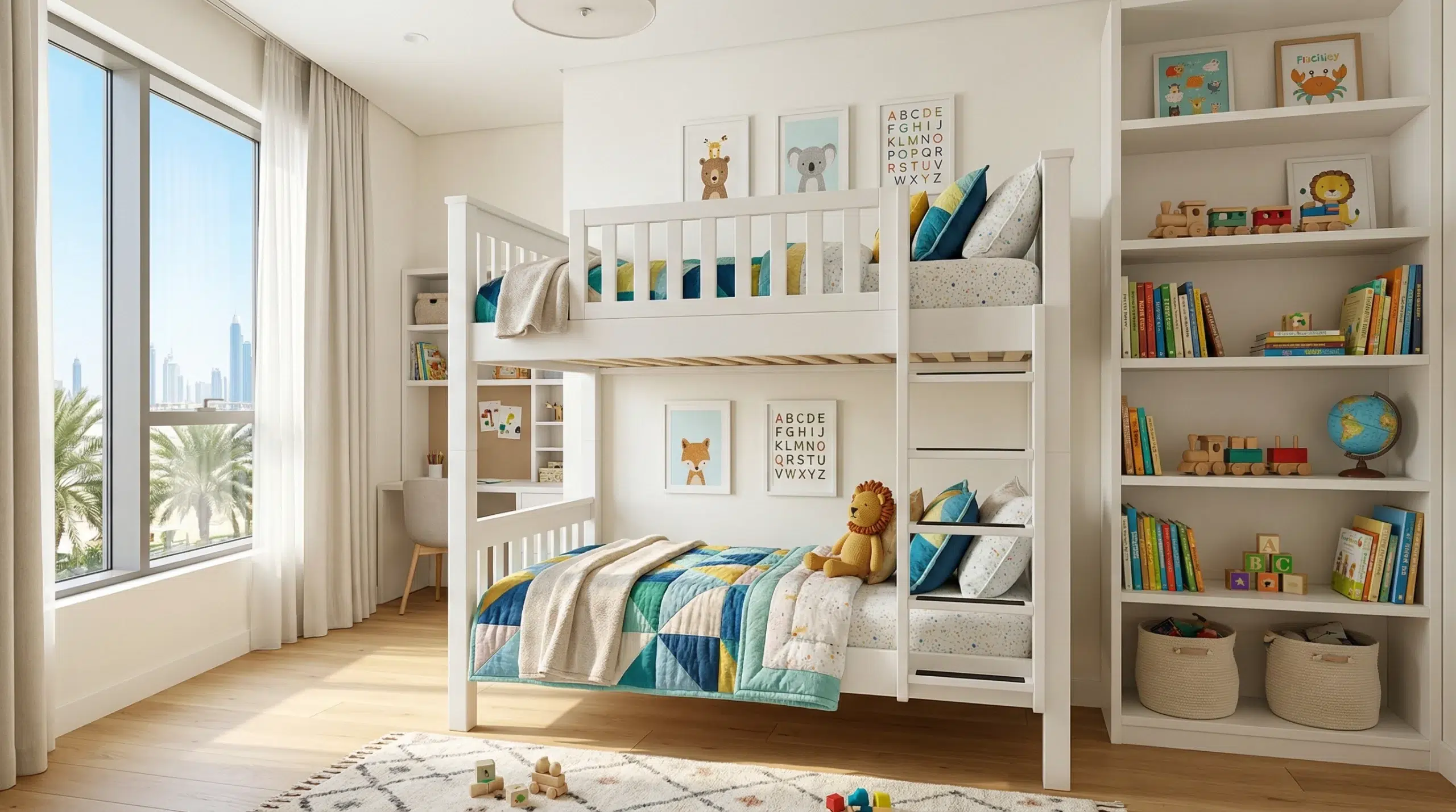 Custom bunk bed for children Dubai — white wood with guardrails