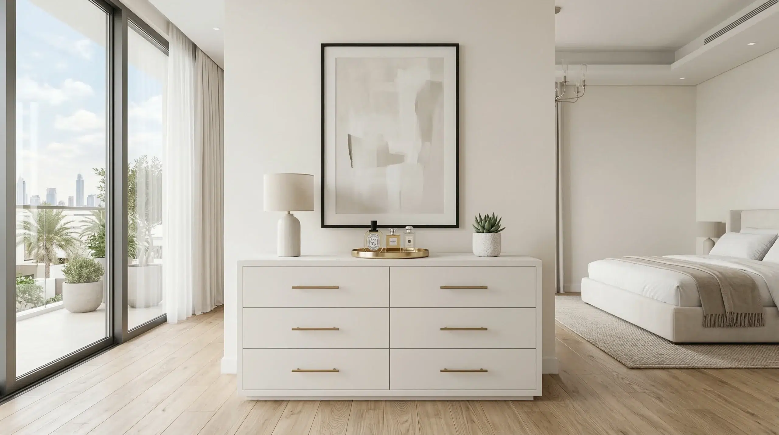 Custom chest of drawers Dubai bedroom with brass handles and matte lacquer finish