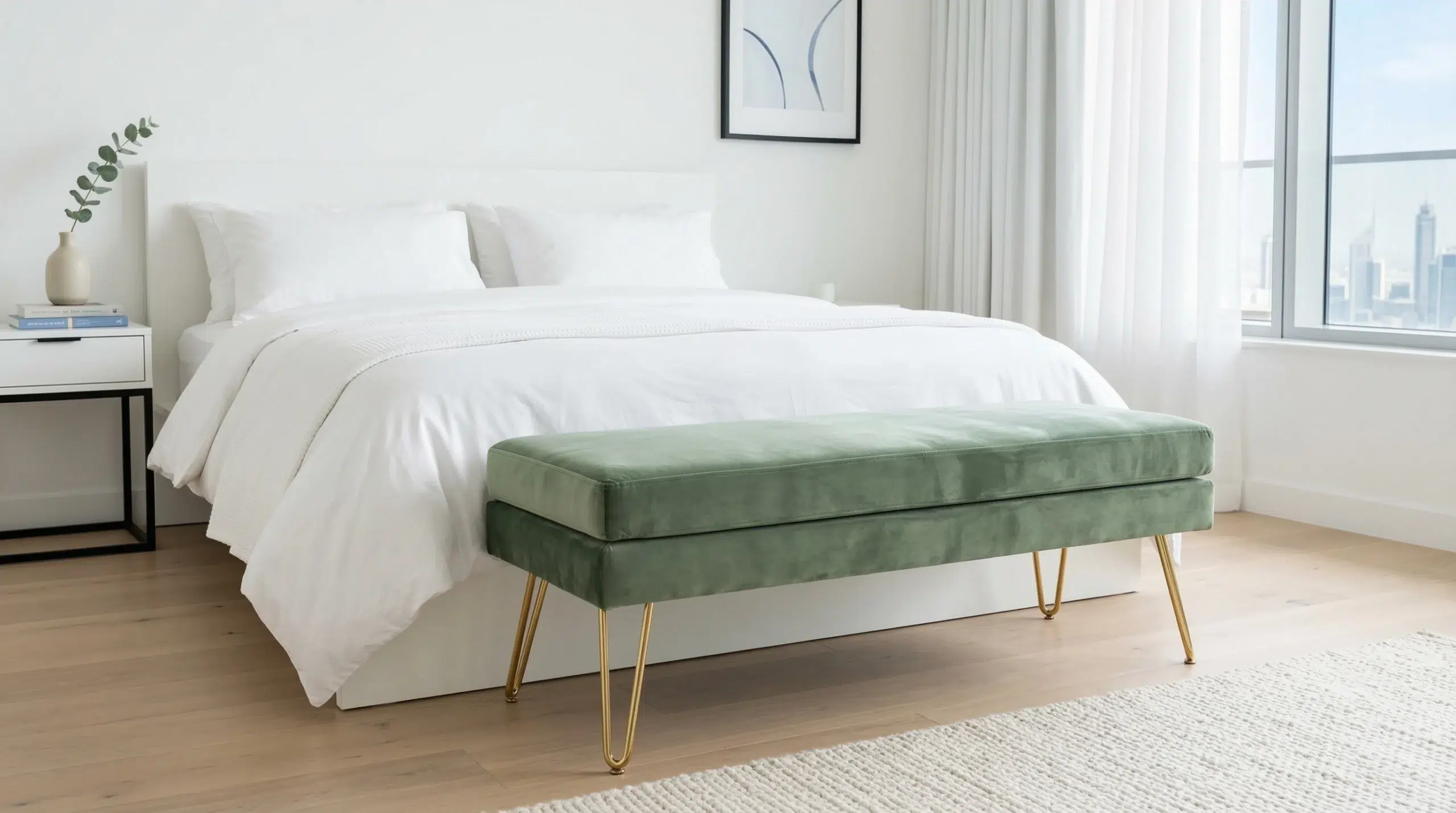 Custom upholstered bedroom end bench in sage velvet, Dubai — Kustom Deco