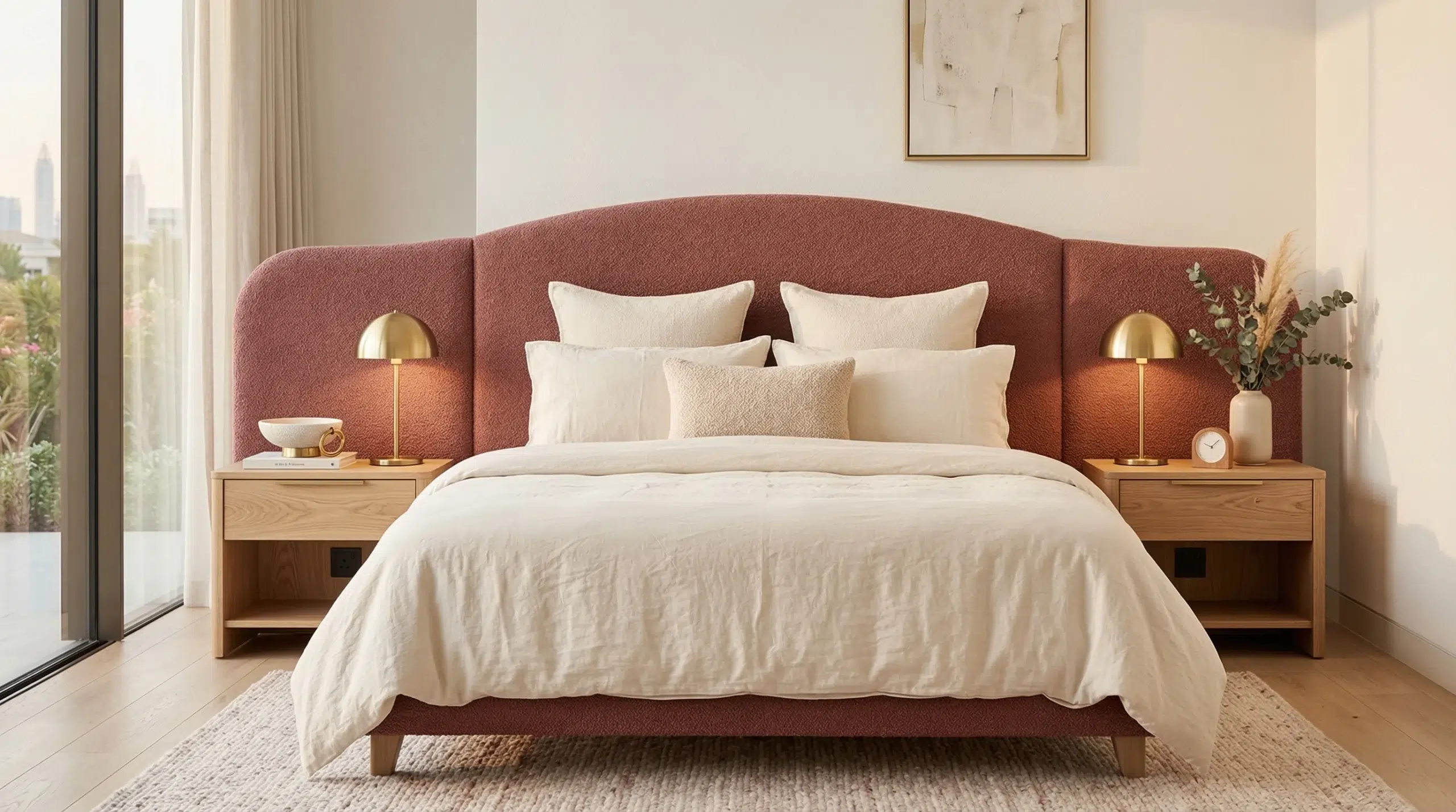 Custom bed frame for bedroom set Dubai — boucle headboard with matching bedside tables