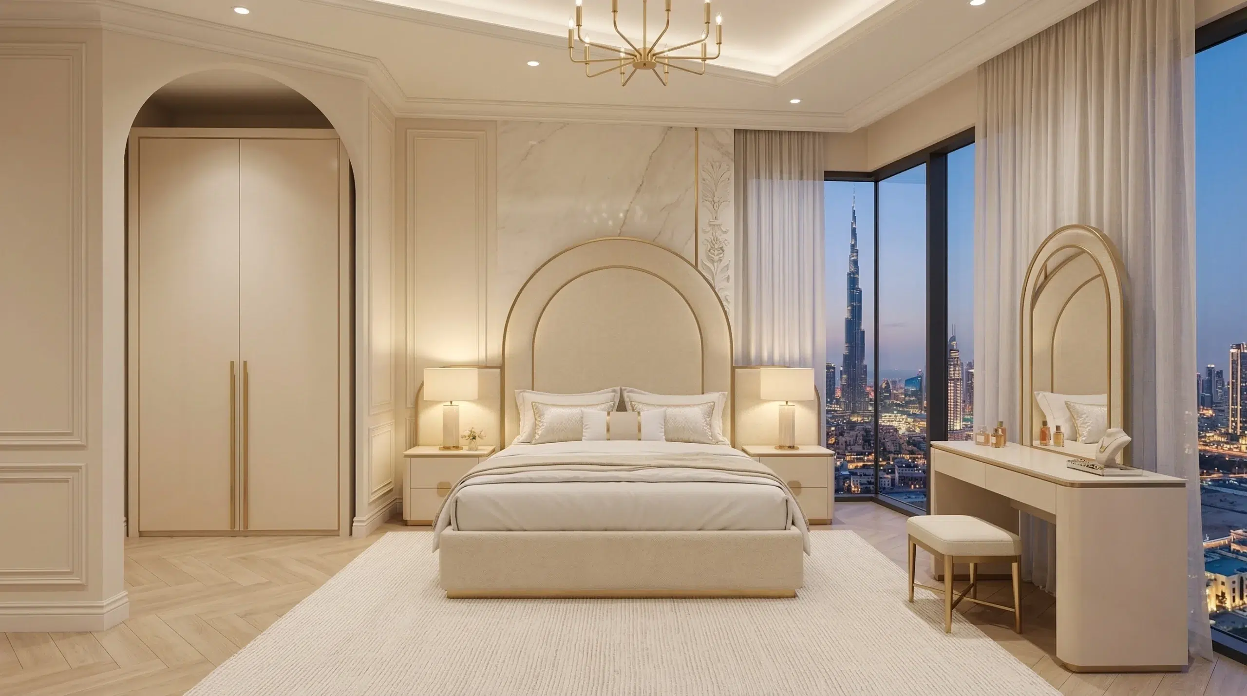 Custom bedroom set Dubai — matching bed, wardrobe and dressing table in a luxury villa