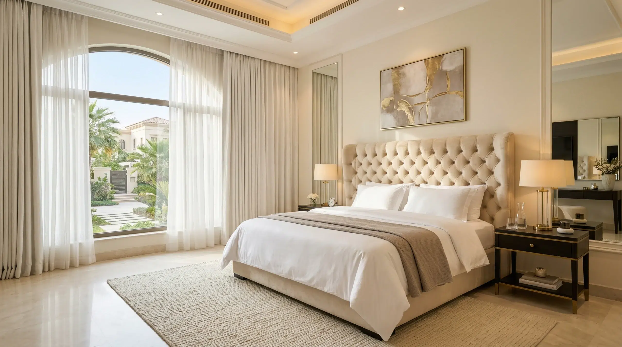 Custom beds Dubai — upholstered king size bed in a luxury Dubai villa bedroom