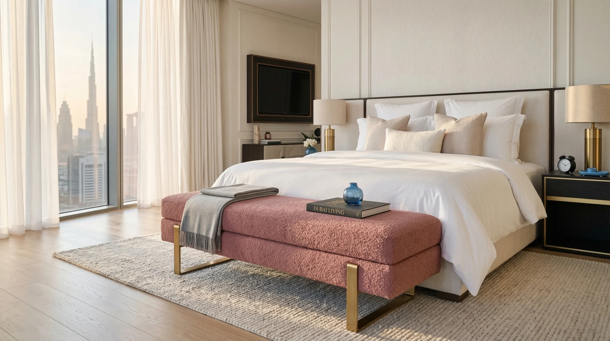 Custom upholstered bench at the foot of a bed in a Dubai apartment — Kustom Deco