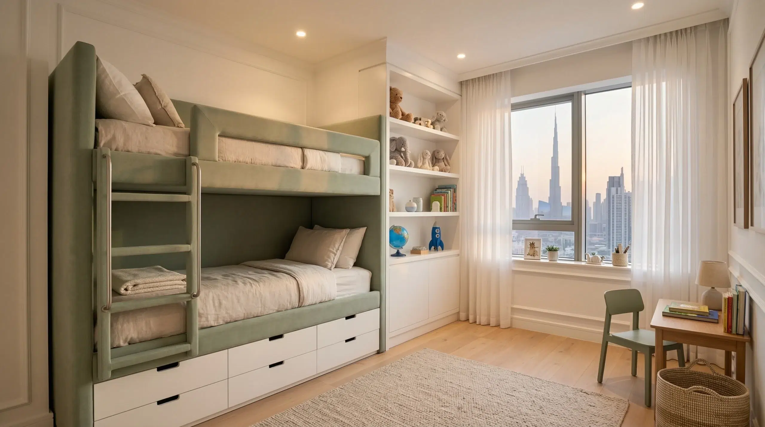 Custom bunk beds Dubai — sage green upholstered bunk bed with storage drawers in a modern UAE children's bedroom