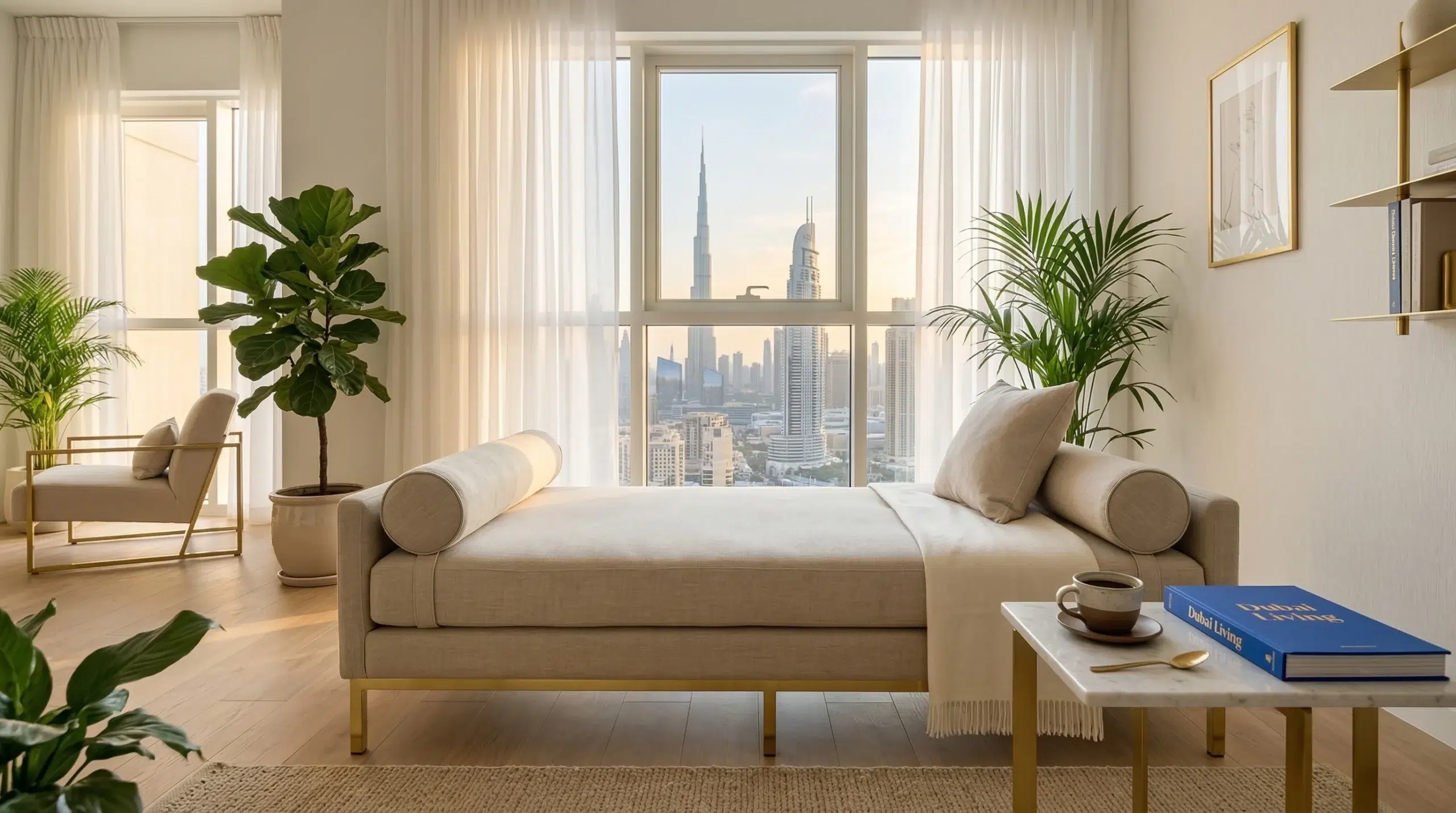 Custom daybed Dubai in modern apartment — Kustom Deco upholstered daybed UAE