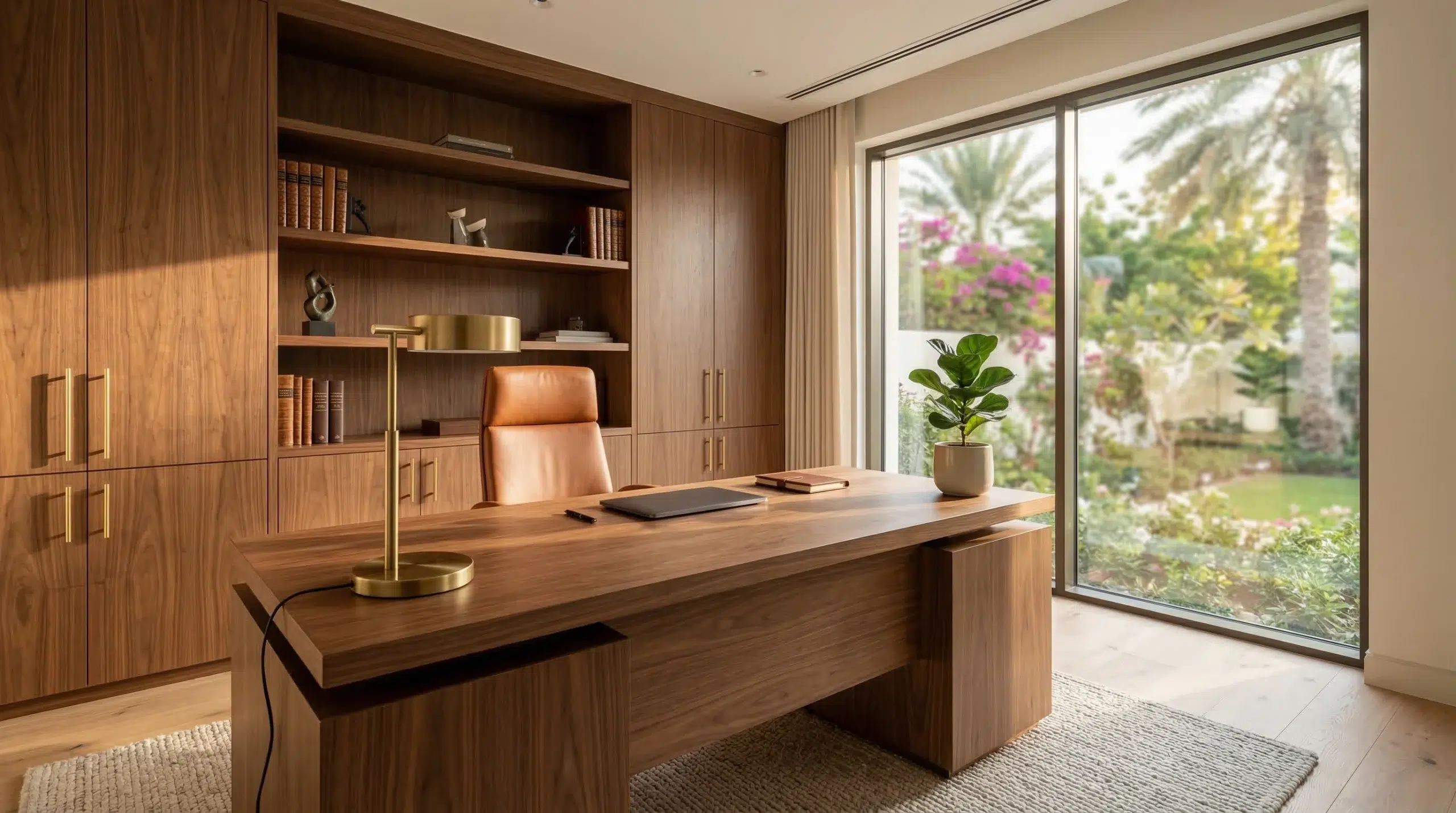 Custom desks Dubai walnut veneer executive desk with matching storage wall in modern Dubai villa study