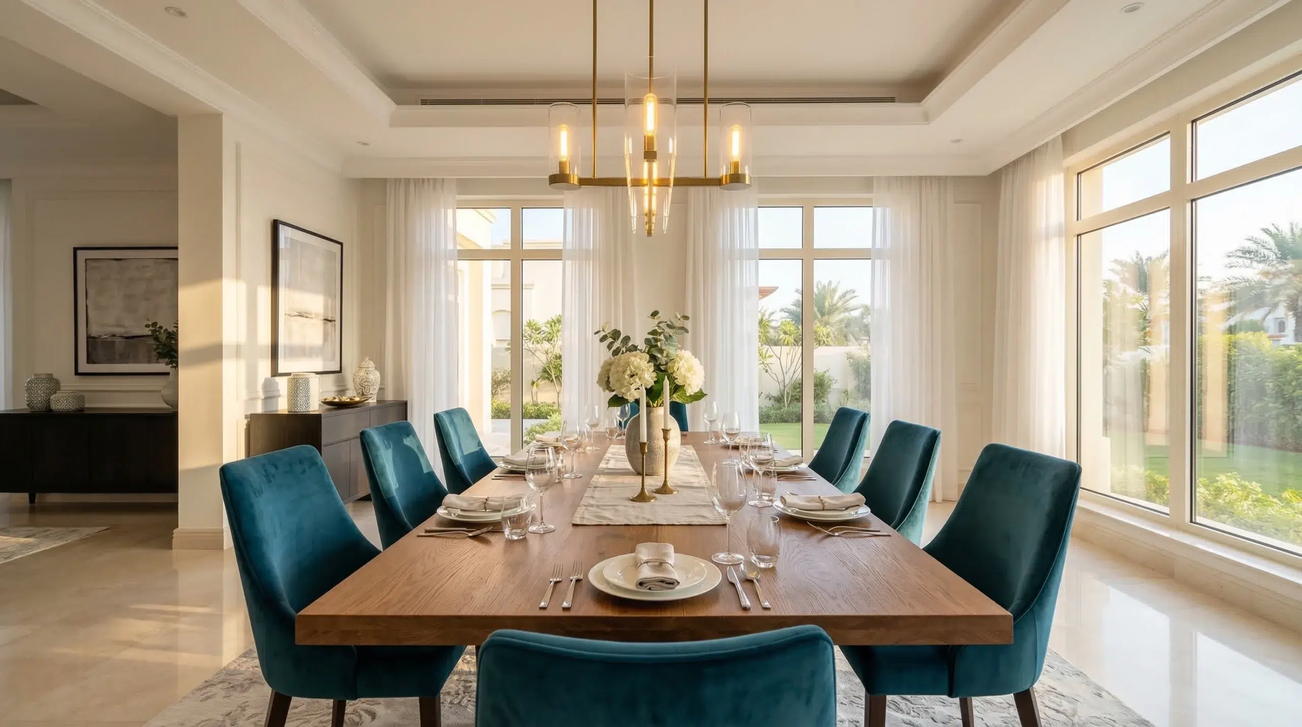 Custom dining set with upholstered velvet chairs in a Dubai villa — Kustom Deco