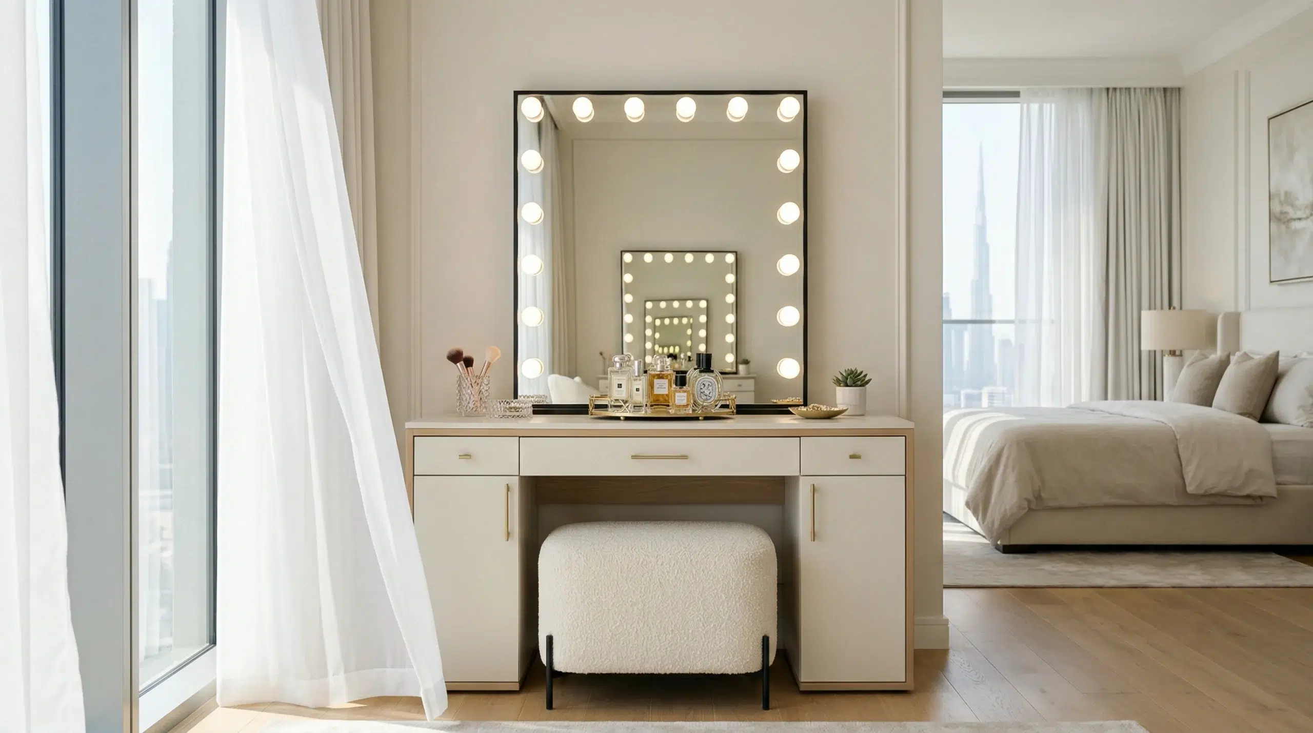 Custom dressing table Dubai with Hollywood mirror in luxury master bedroom
