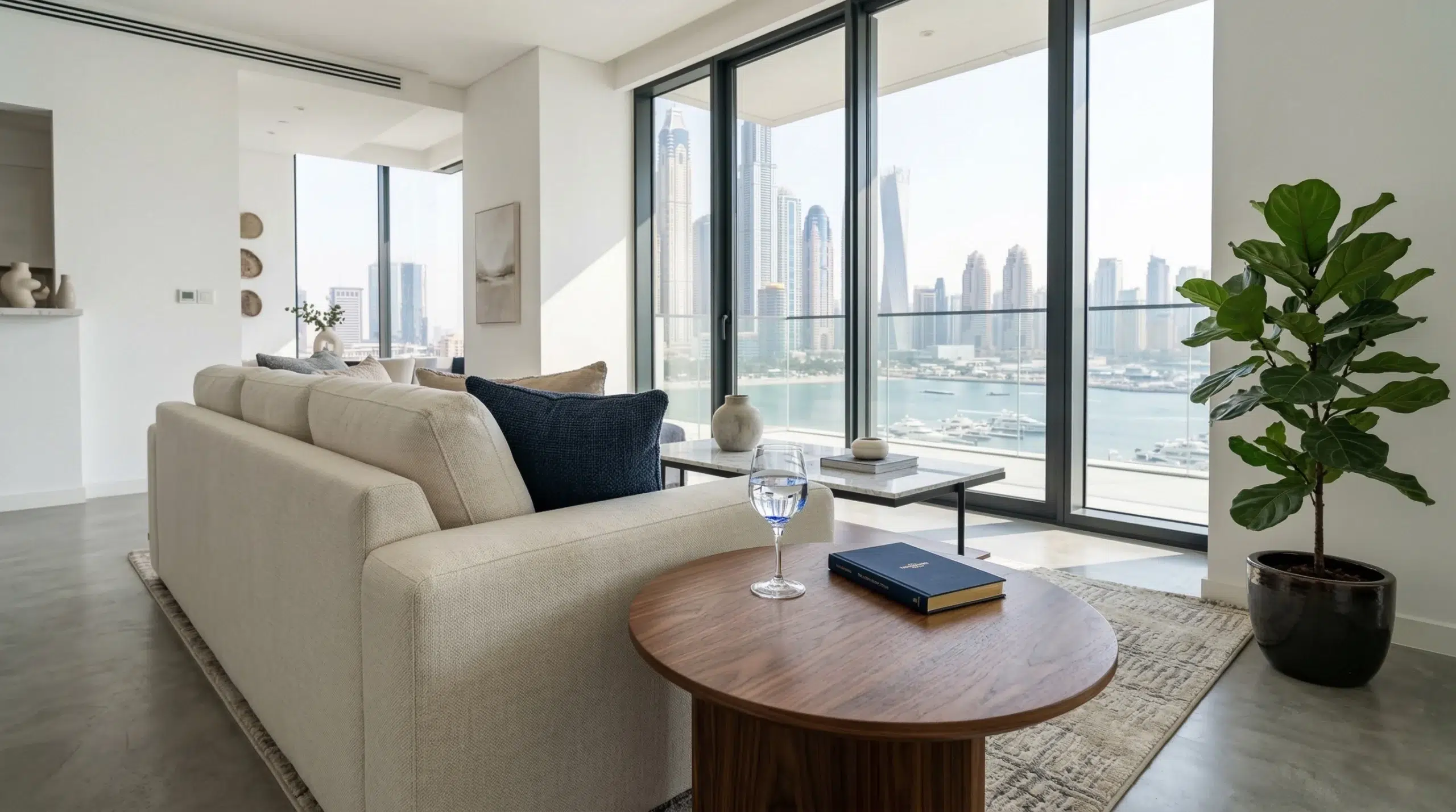 Custom end tables Dubai — Kustom Deco walnut round side table in modern UAE living room