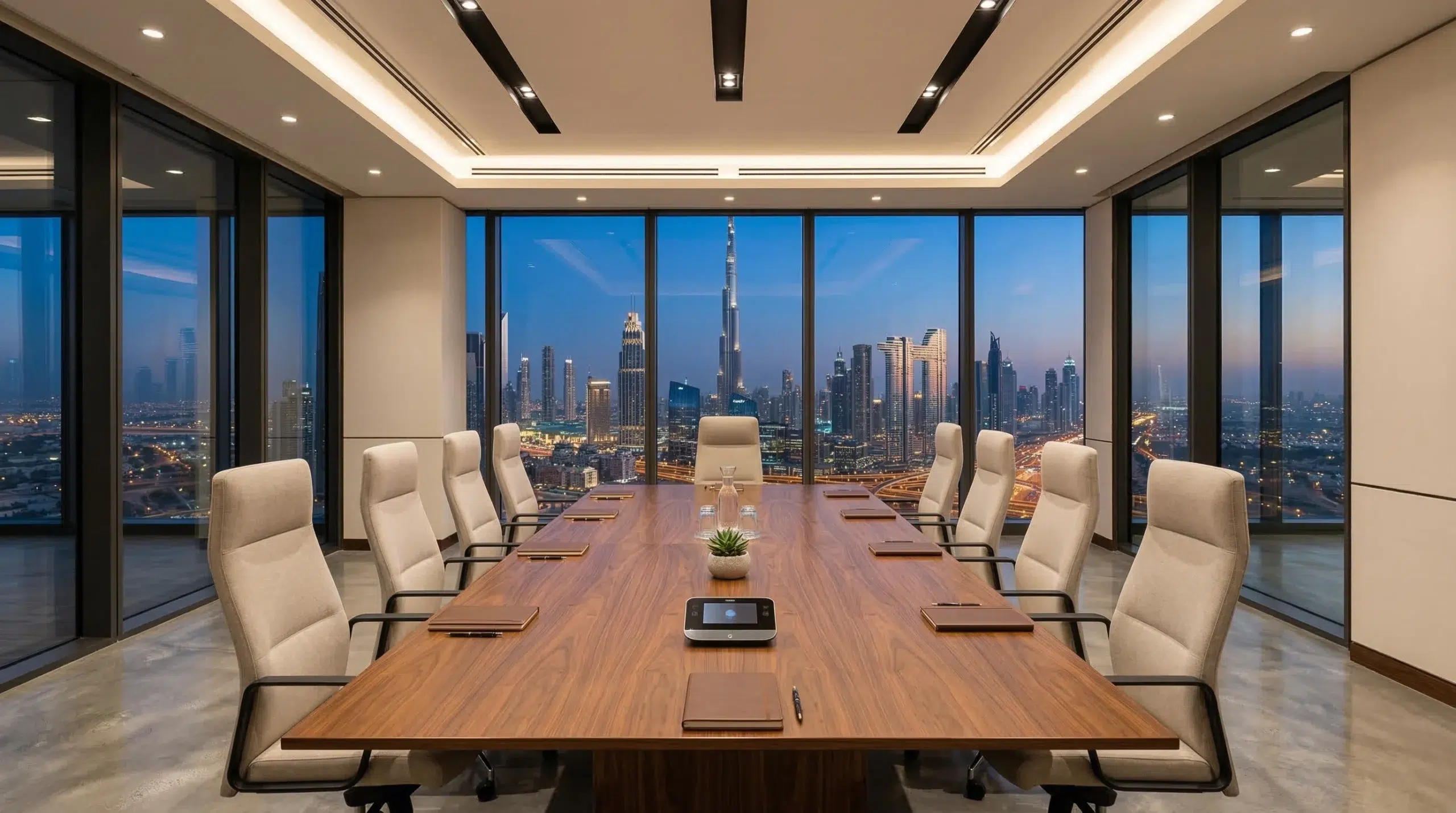 Custom meeting tables Dubai  boardroom with walnut table and skyline view
