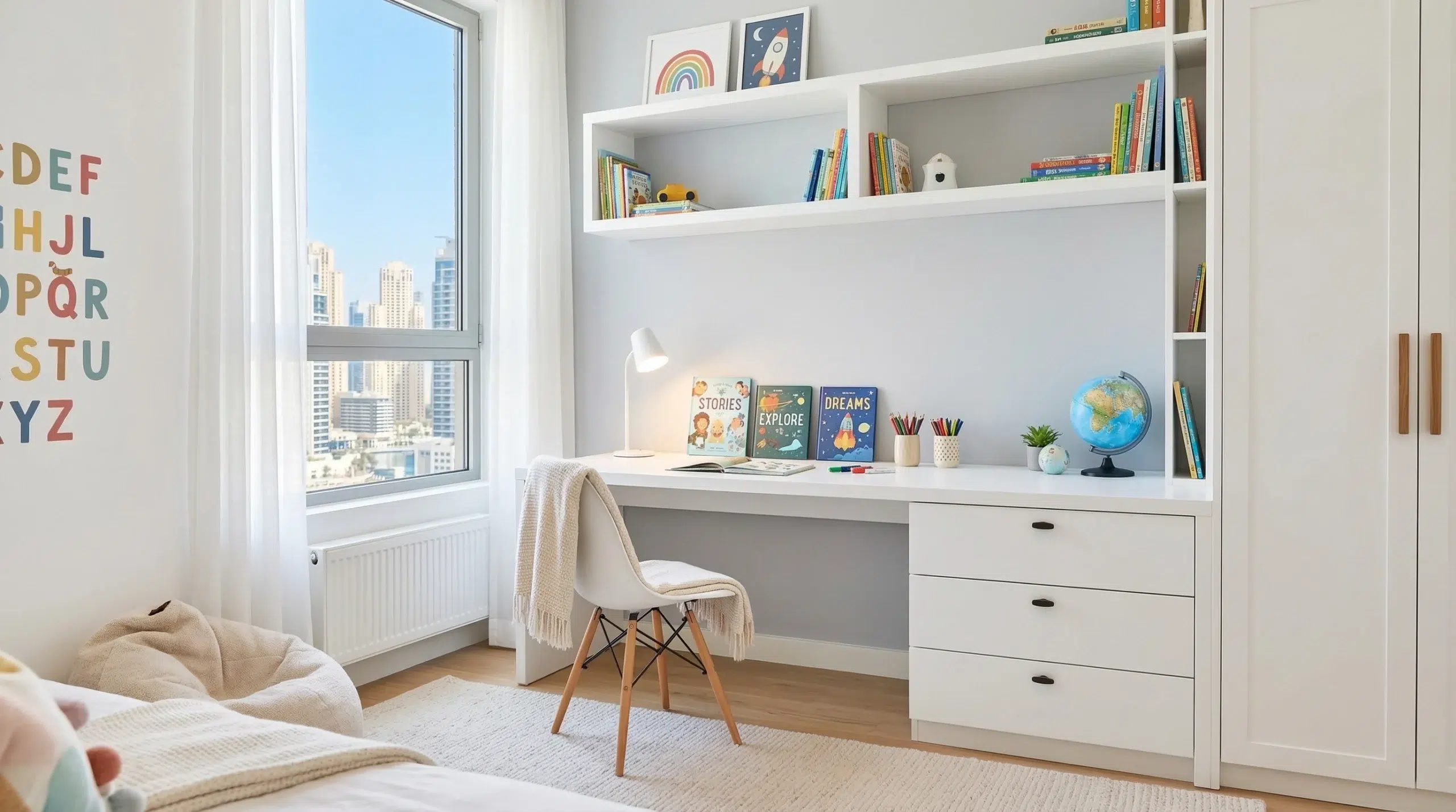 Custom study desk with drawers Dubai — matte white finish in children's bedroom