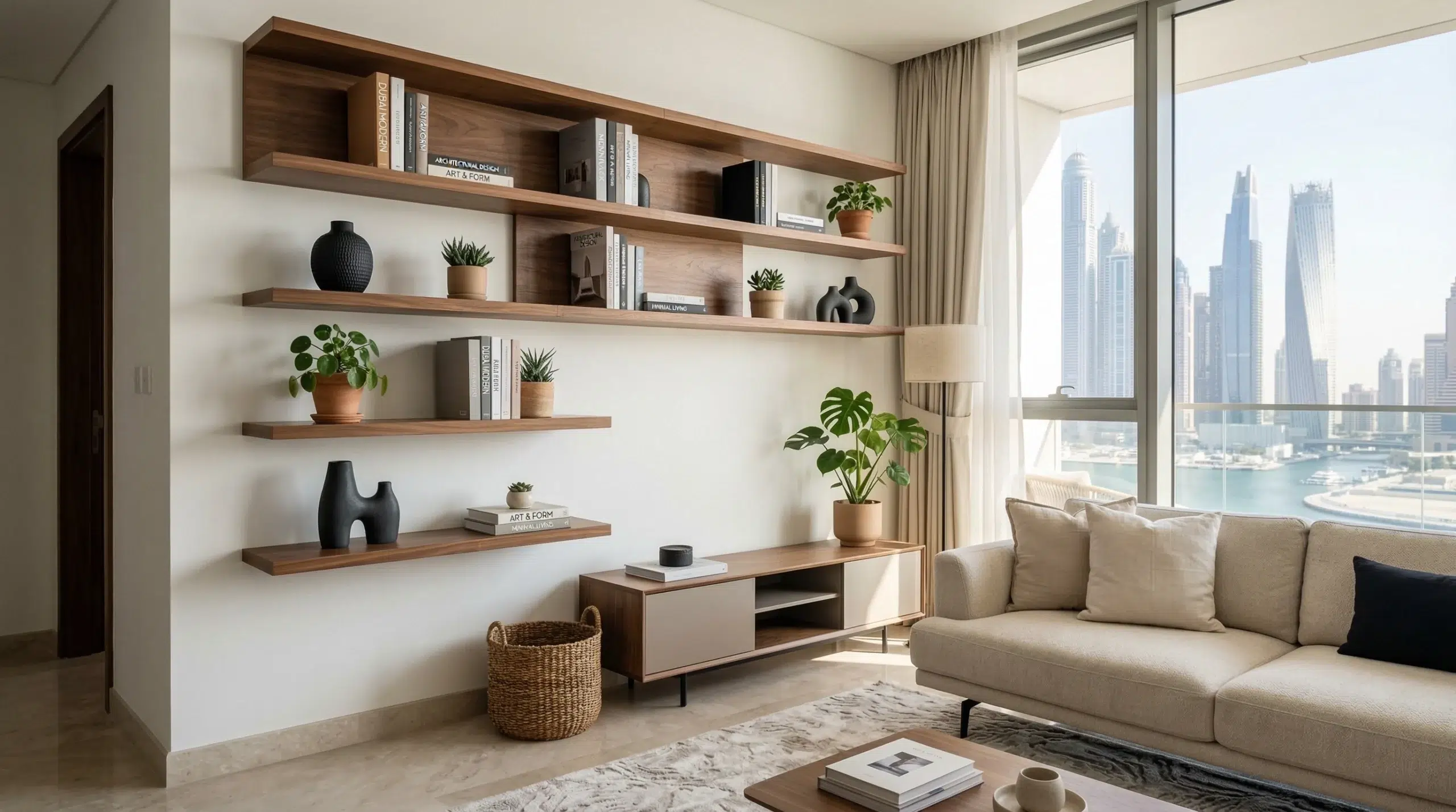 Custom wall shelves Dubai — floating wood shelf system in modern UAE apartment Kustom Deco