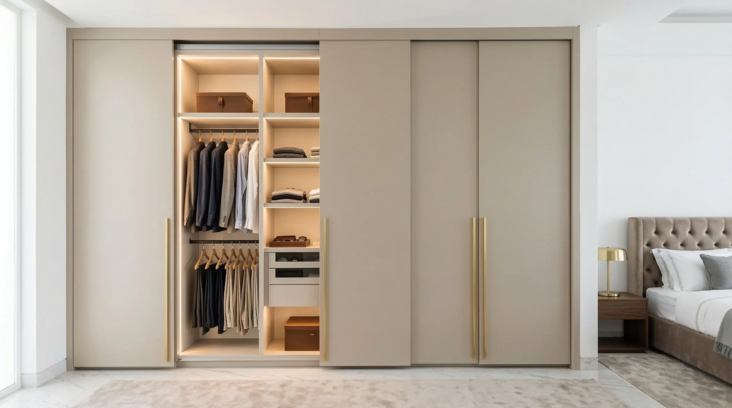 Custom built-in wardrobe Dubai — sliding door wardrobe fitted to ceiling in master bedroom